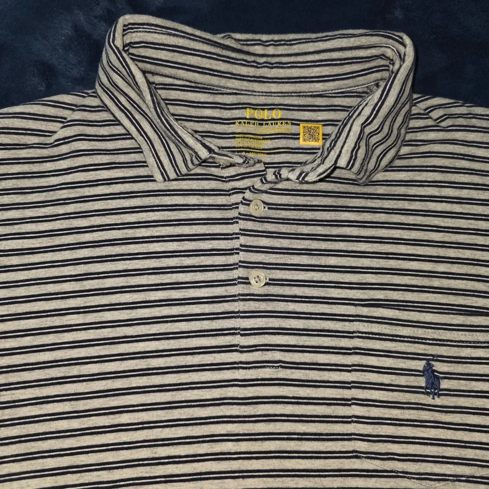 Polo Ralph Lauren Performance Mens Large Grey Blue Striped Pocket Polo Shirt